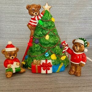 Vintage Ceramic Christmas Tree Light Up with Teddy Bears Electric